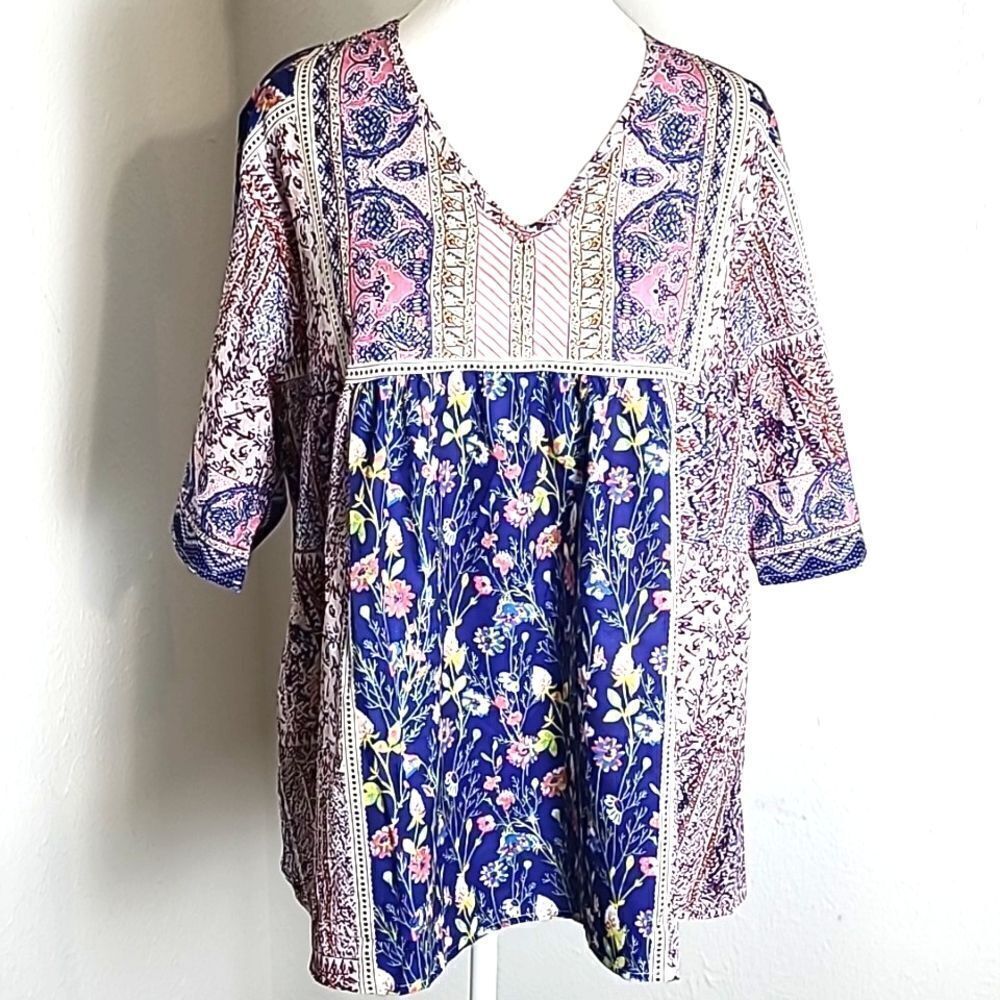 Multicolor Peasant Top in Mixed Designs, Blues, Pink, Size XXL, NWOT